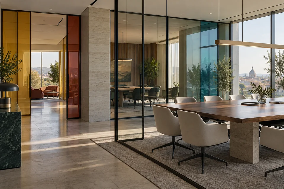 Illustrative collaboration spaces separated by glass partitions