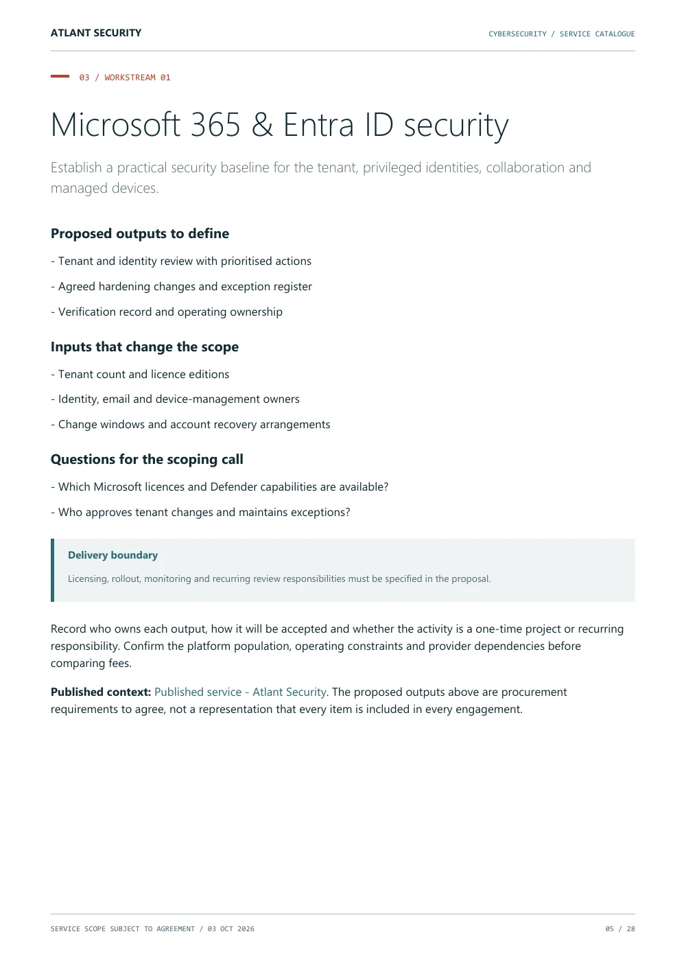 Microsoft 365 & Entra ID, page 5 of the Atlant Security service catalogue. Text summary follows.