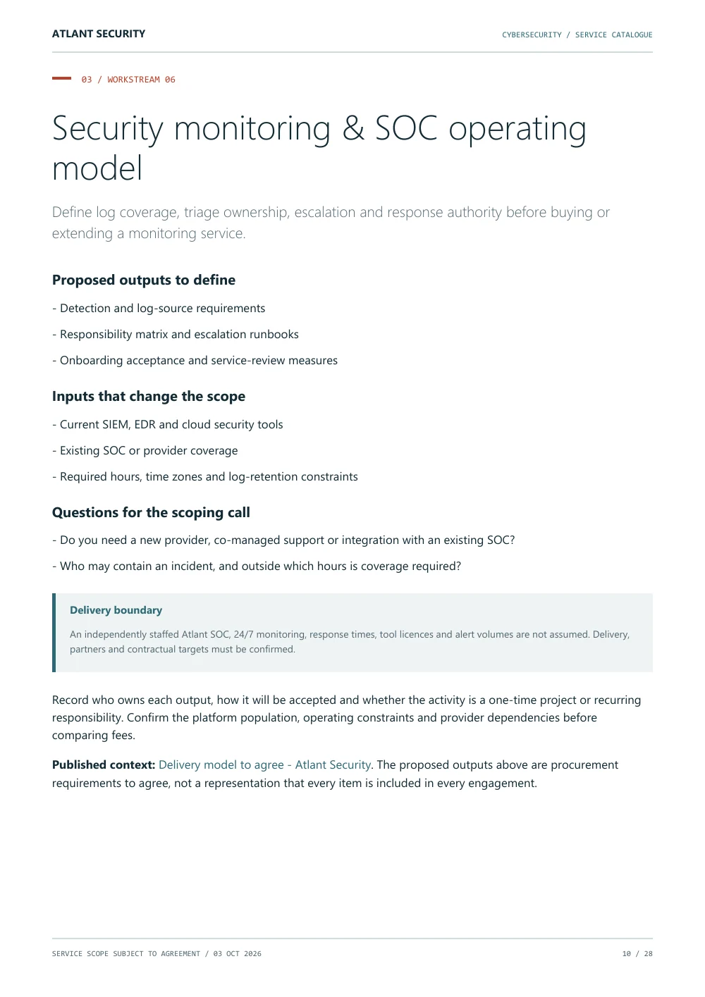 Monitoring & SOC requirements, page 10 of the Atlant Security service catalogue. Text summary follows.